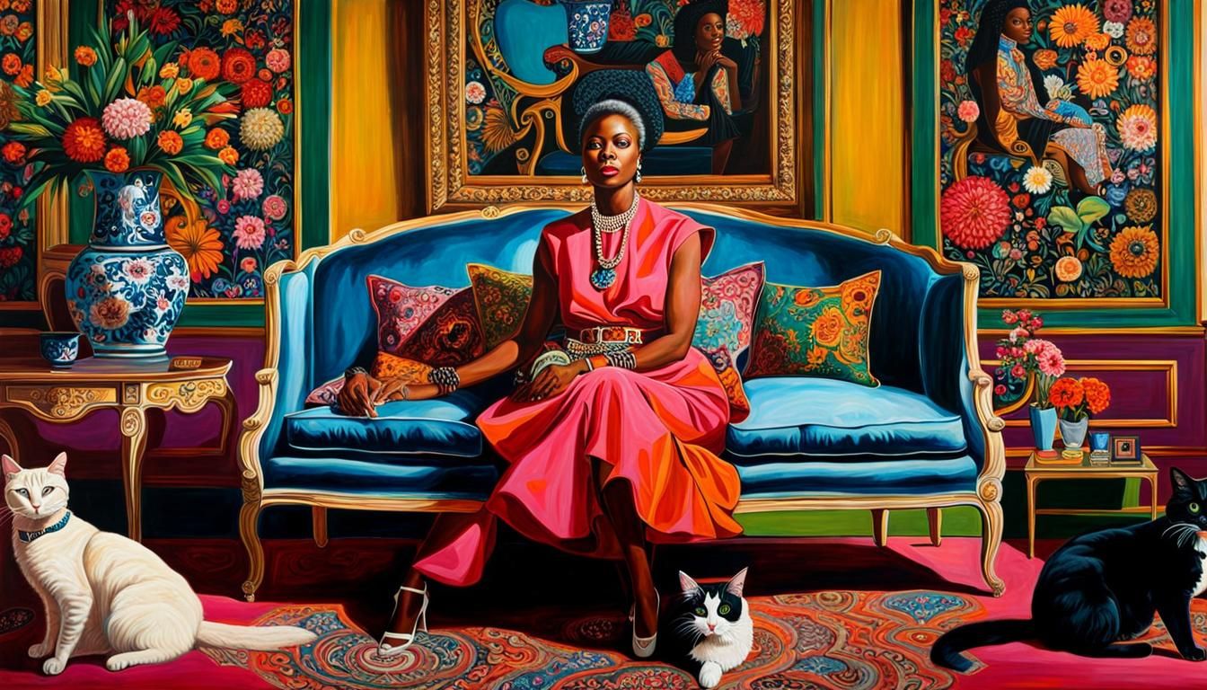 Maximalist Cat Lady in Vibrant Living Room