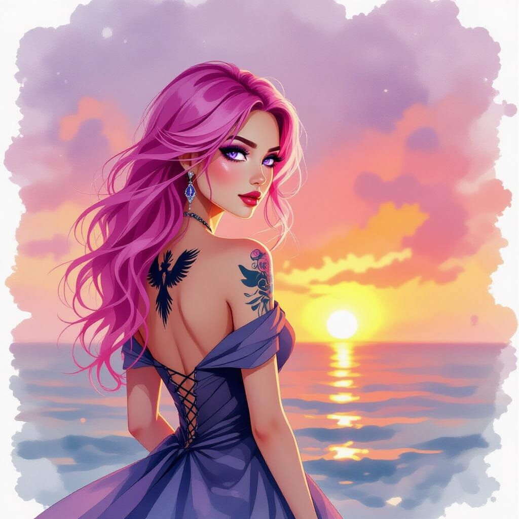 Woman with Raven Tattoo Watching Sunset in Watercolor Style