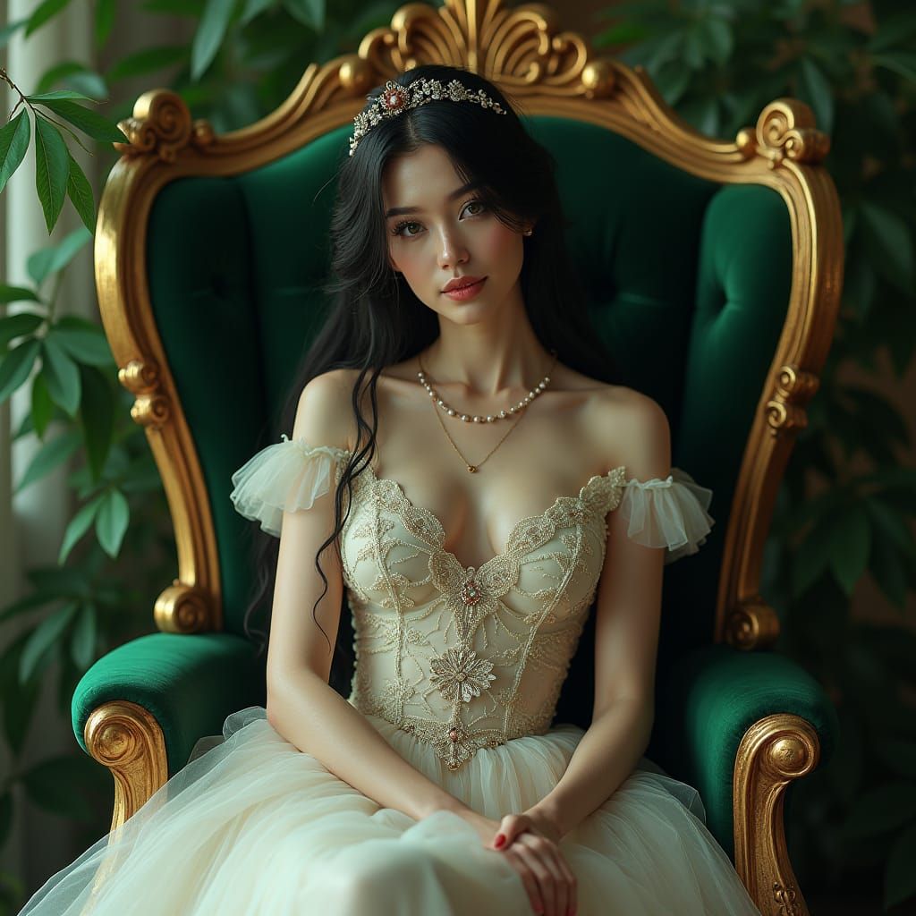 Elegant Woman in Velvet Chair: Fantasy Concept Art