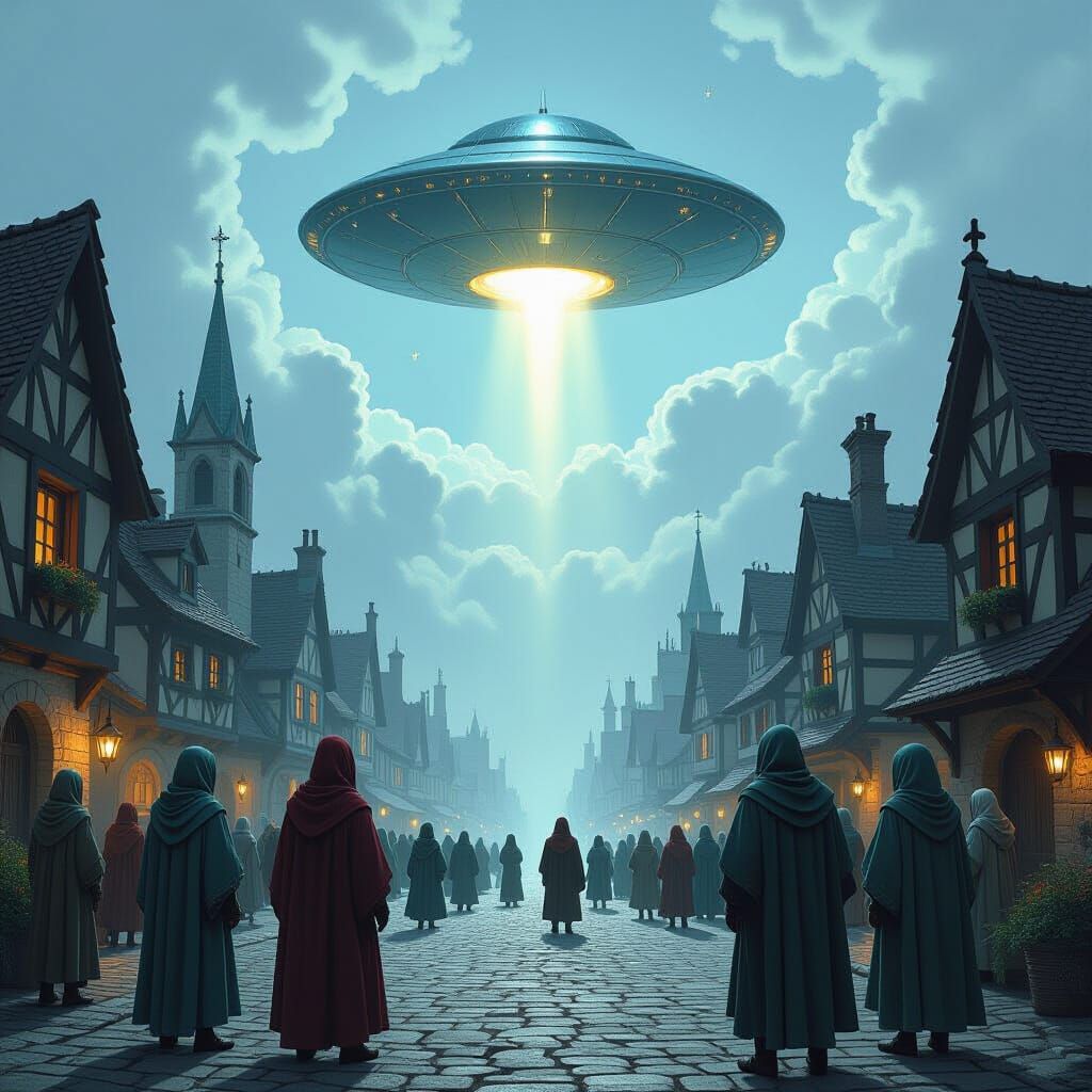 Medieval Villagers Gaze at UFO in Gothic Sky