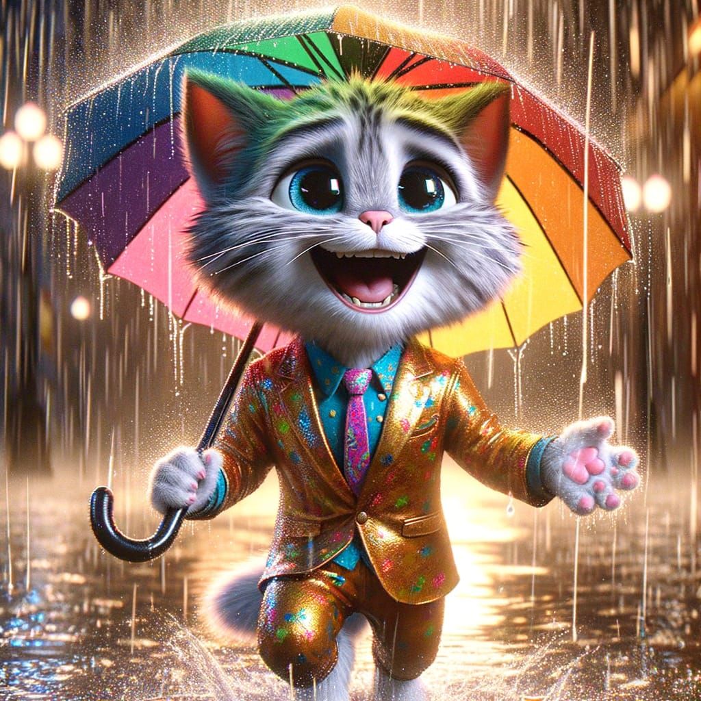 Joyful Cat Singing in the Rain: Digital Painting