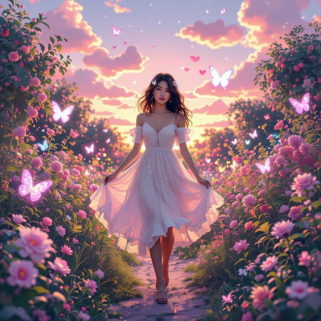 Dreamy Garden Scene with 90s Nostalgia in Magical Realism