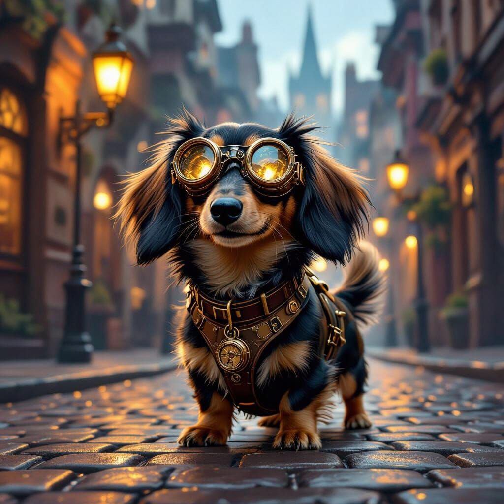 Steampunk Dachshund Explorer in Victorian City