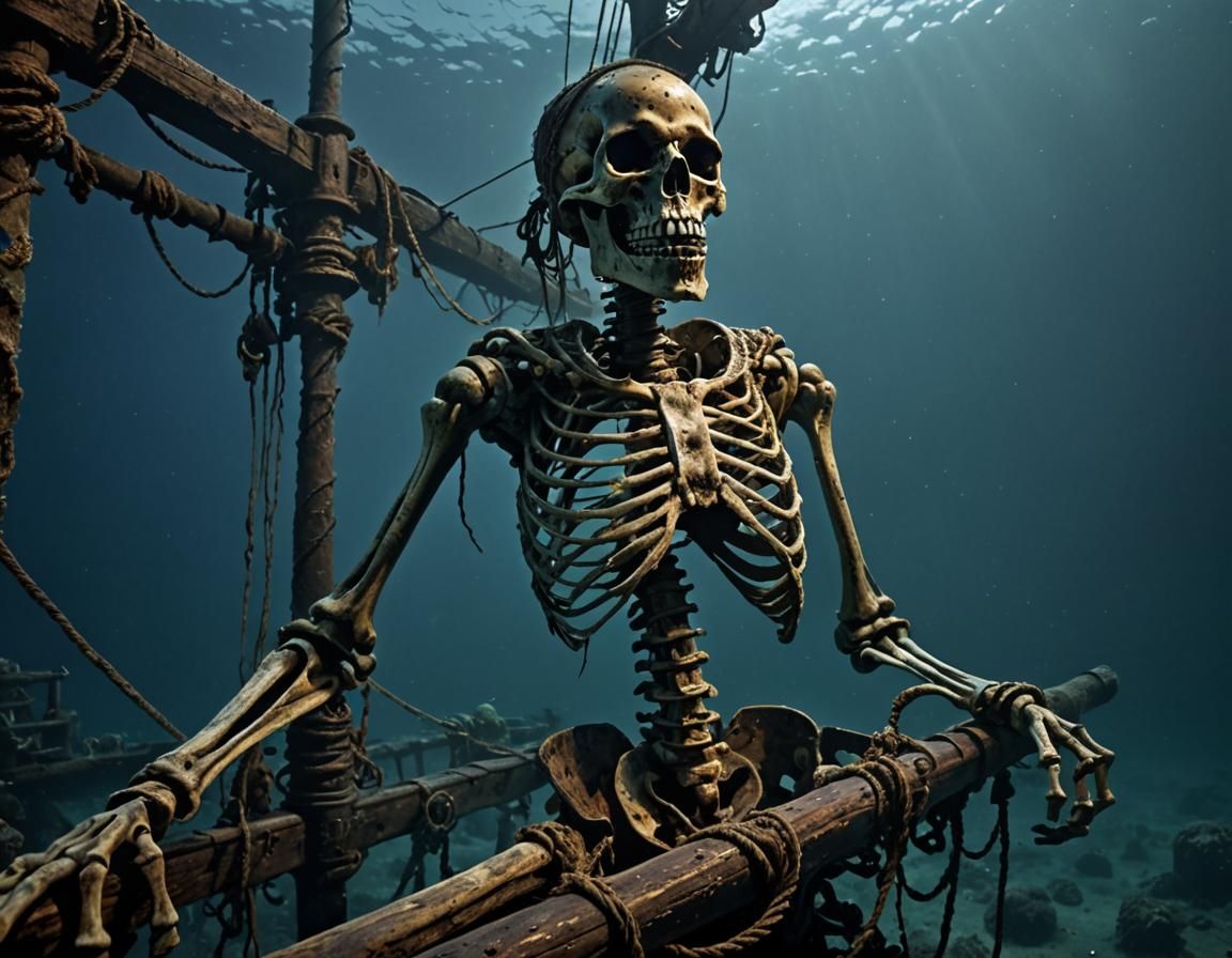 Sunken Pirate Skeleton in Gloomy Depths