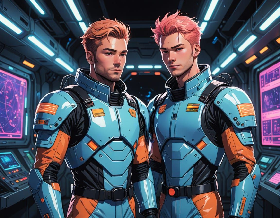Gay Anime Couple in Neon Cyberpunk Spacesuits