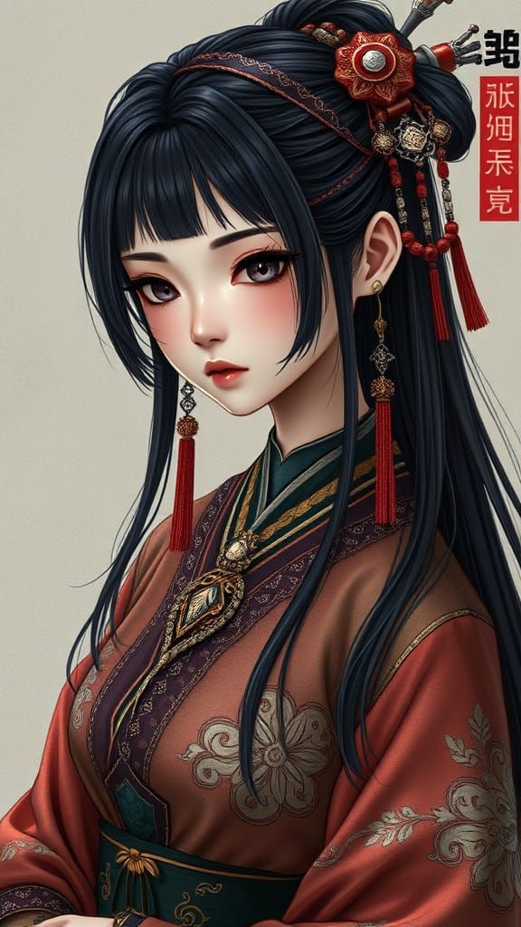 Gothcore Asian Goddess in Subtle Ink Style