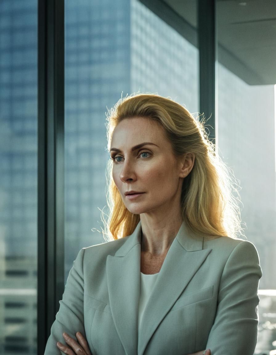 Confident Blonde Businesswoman in Modern Office, Film Grain ...