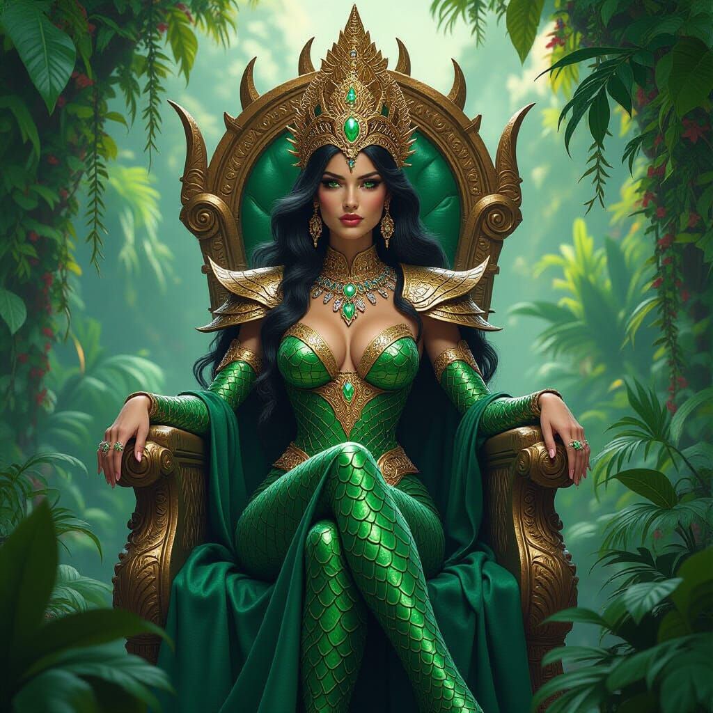 Majestic Serpent Queen on Jungle Throne, Fantasy Art