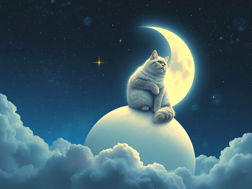Fluffy Cat Sits On Moon Woven From Starlight