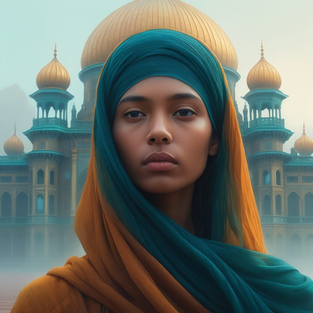 Woman in Flowing Veils Walks to Misty Palace