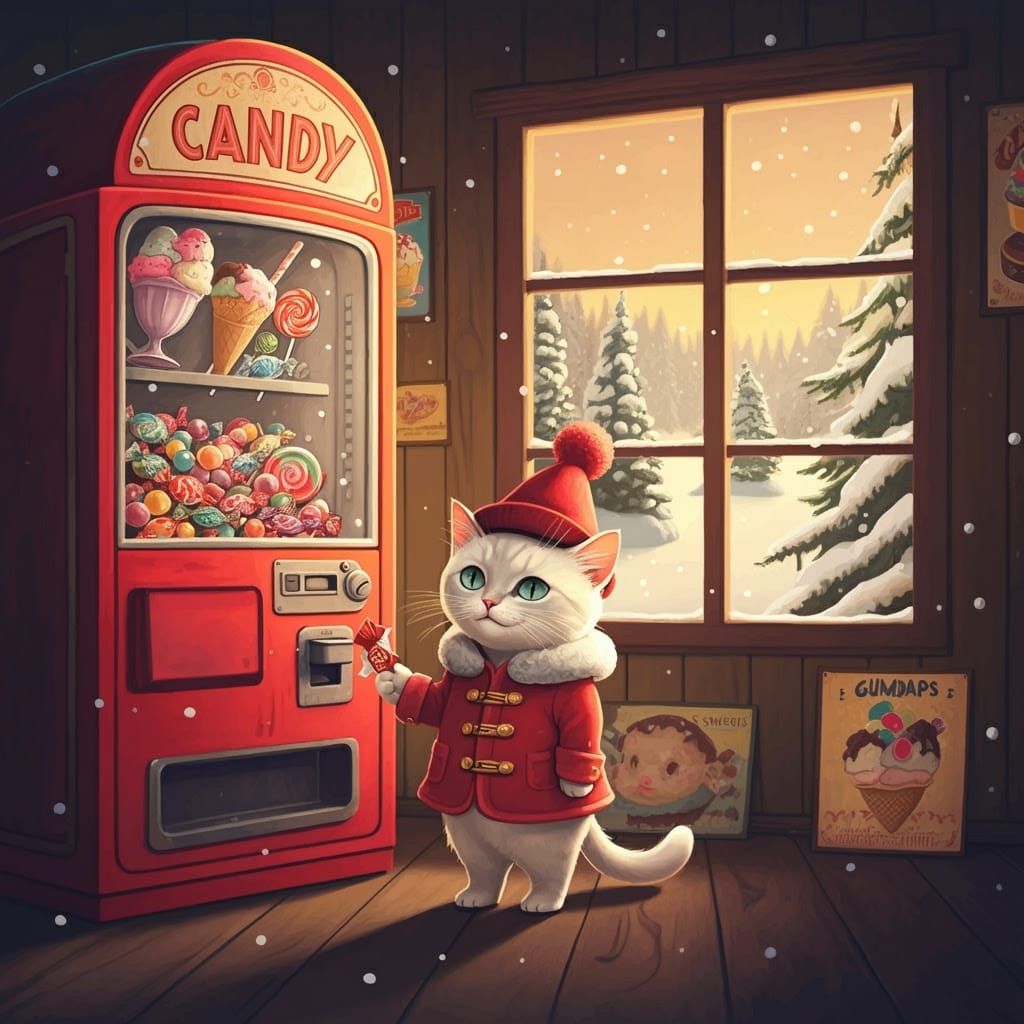 Whimsical Cat Confronts Vintage Candy Vending Machine