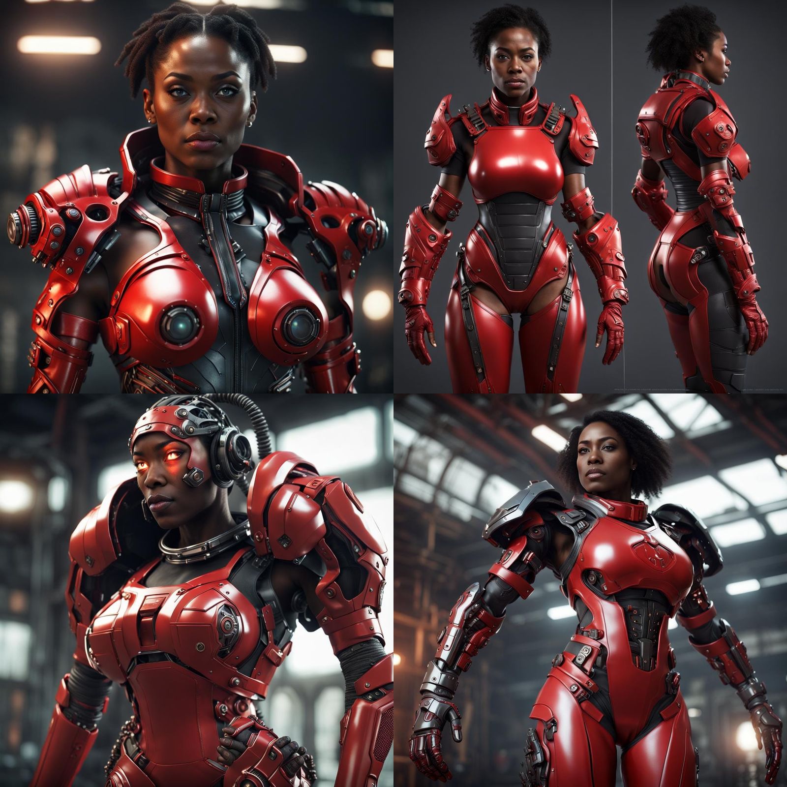Futuristic Black Woman in Red Leather and Power Armor