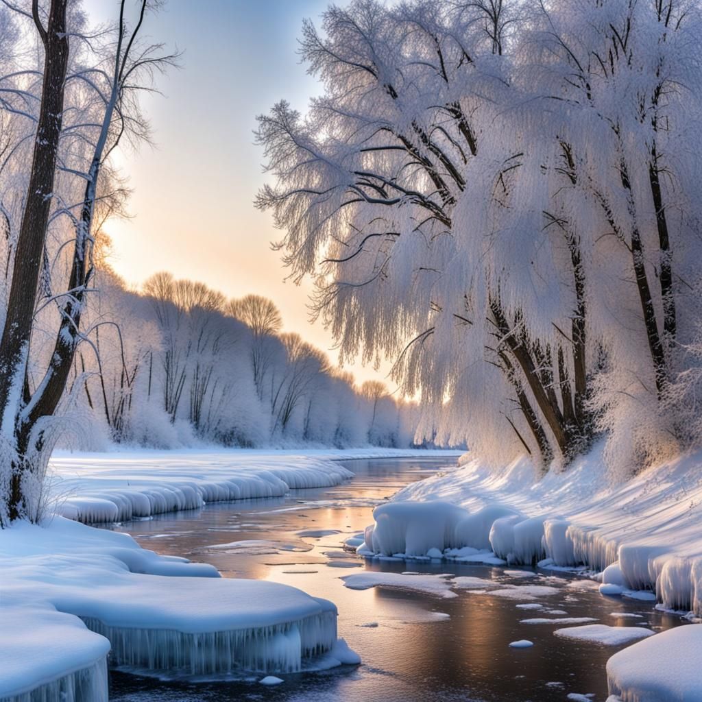 Winter Riverscape: Frozen River and Snow-Covered Banks