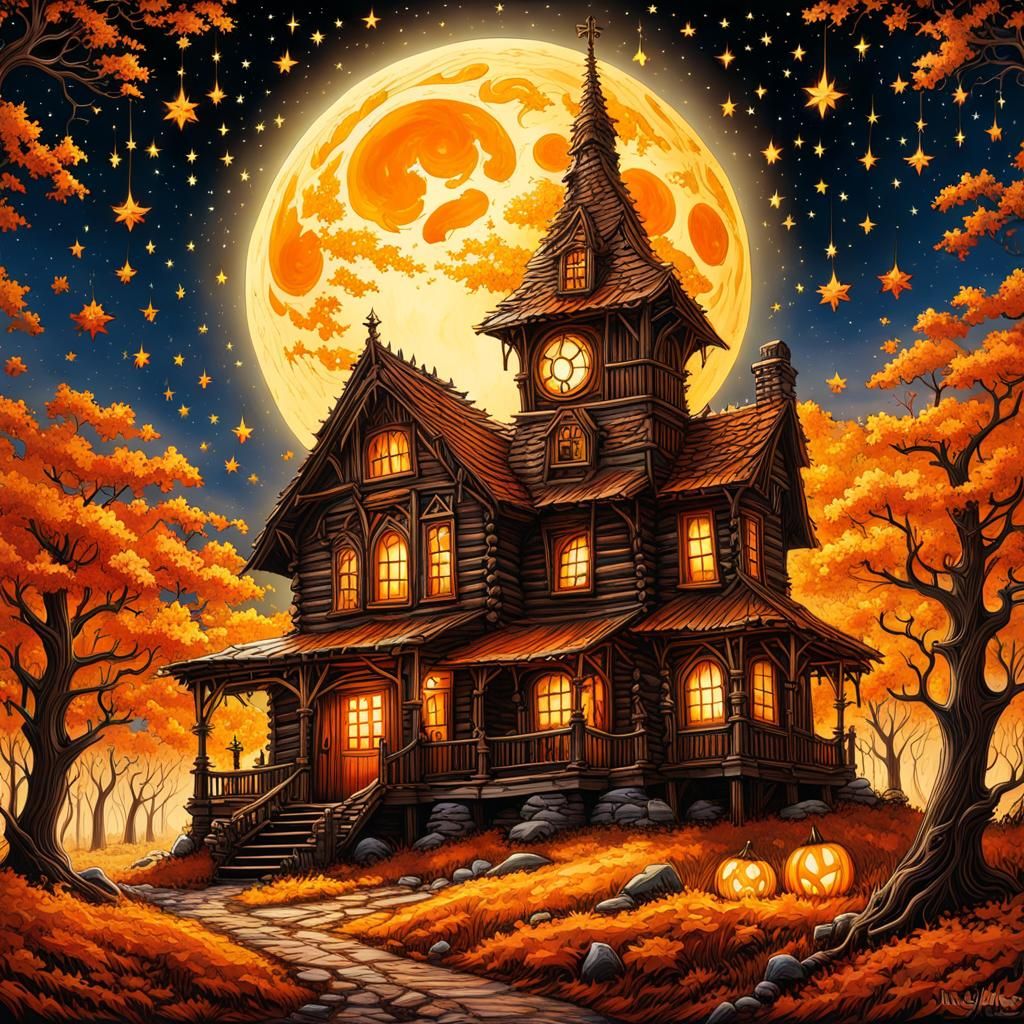 High Gothic Autumn Cabin Under Harvest Moon