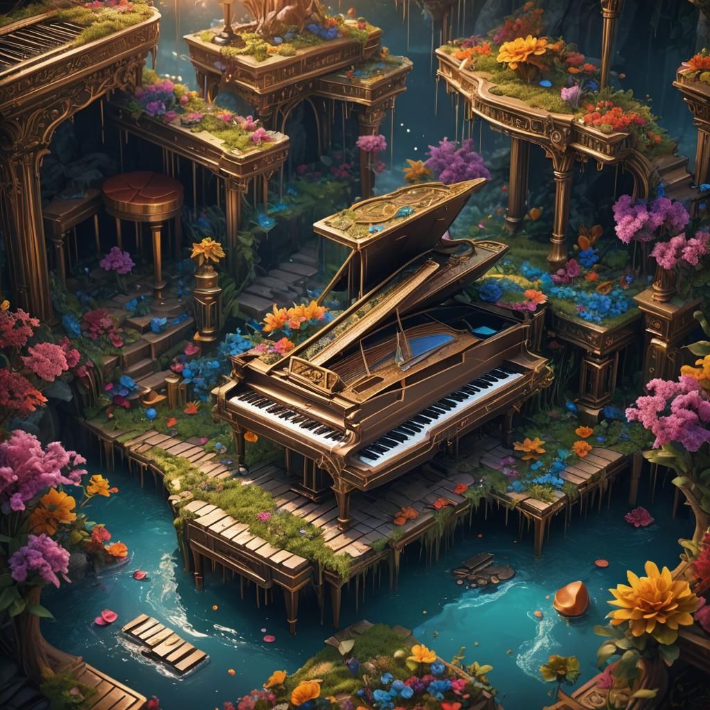 Piano Surrounded by Elements: Fantasy Concept Art