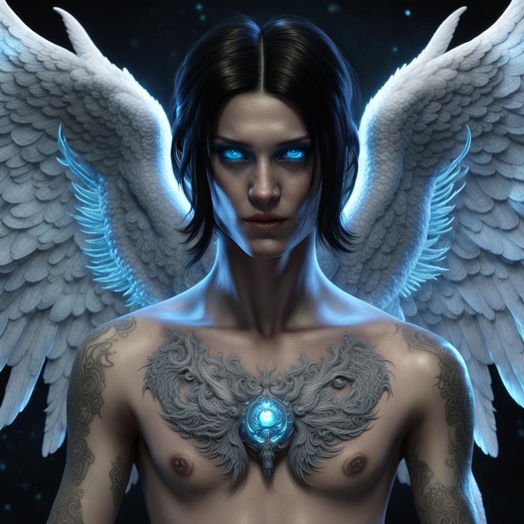 Demonic Angel with Bioluminescent Halo, Digital Art