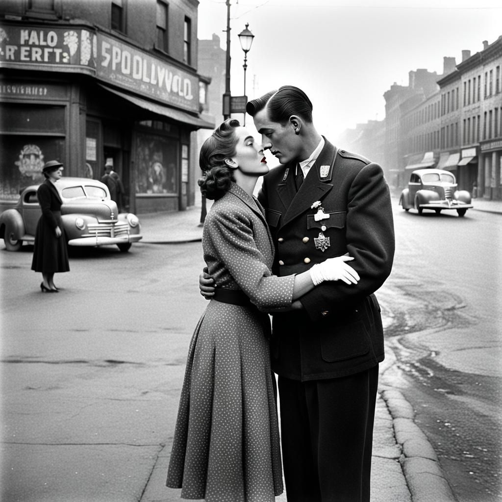 Couple Embracing in 1940s Street: Cinematic Film Still