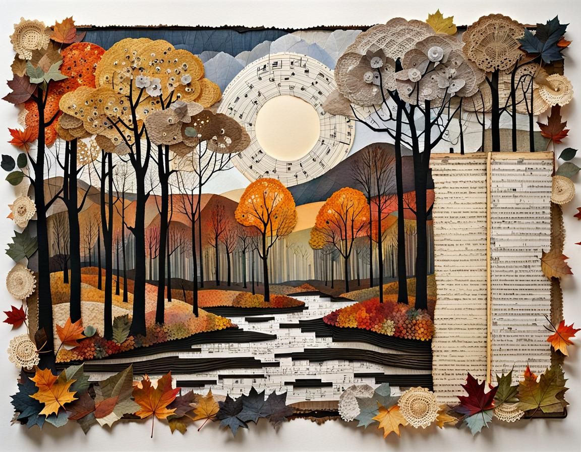 Autumn Landscape After Rain: Mixed Media Collage