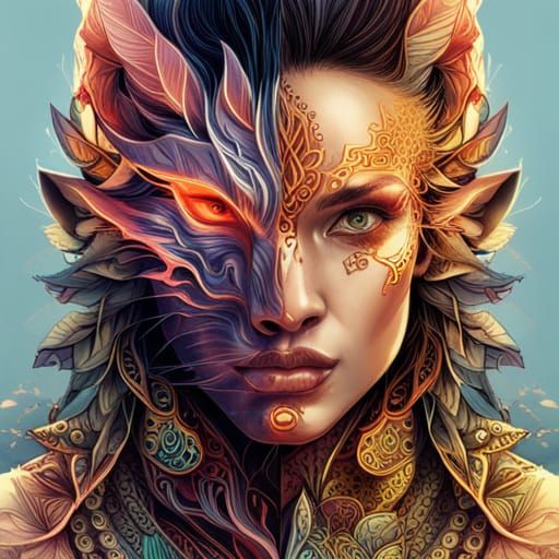 Cyberpunk Wolf Double Exposure Portrait in Triadic Colors