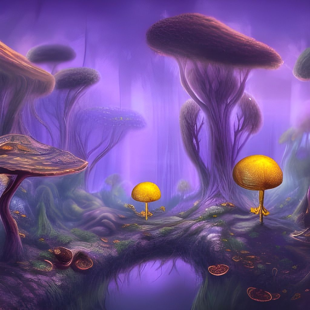Golden Mushrooms Illuminate Fantasy Forest