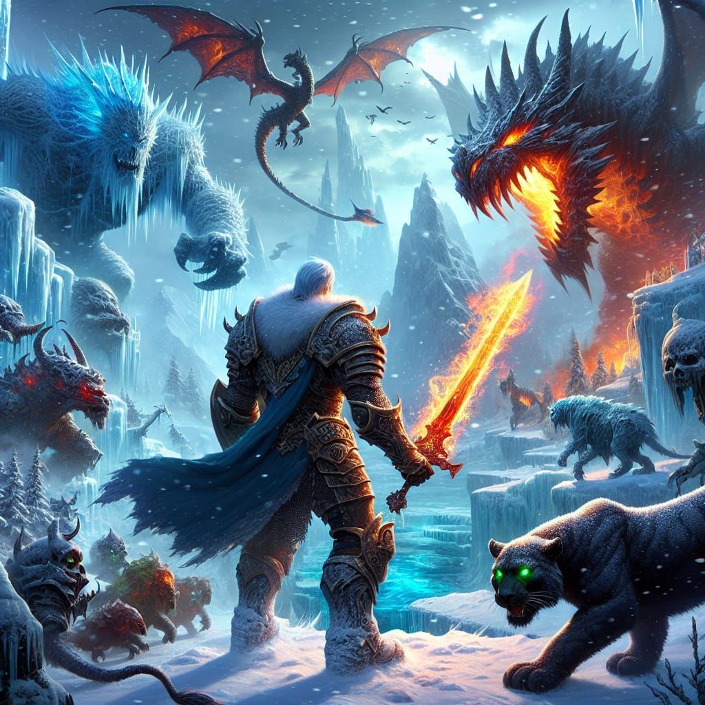 Frosty Confrontation of Knights and Mythical Beasts