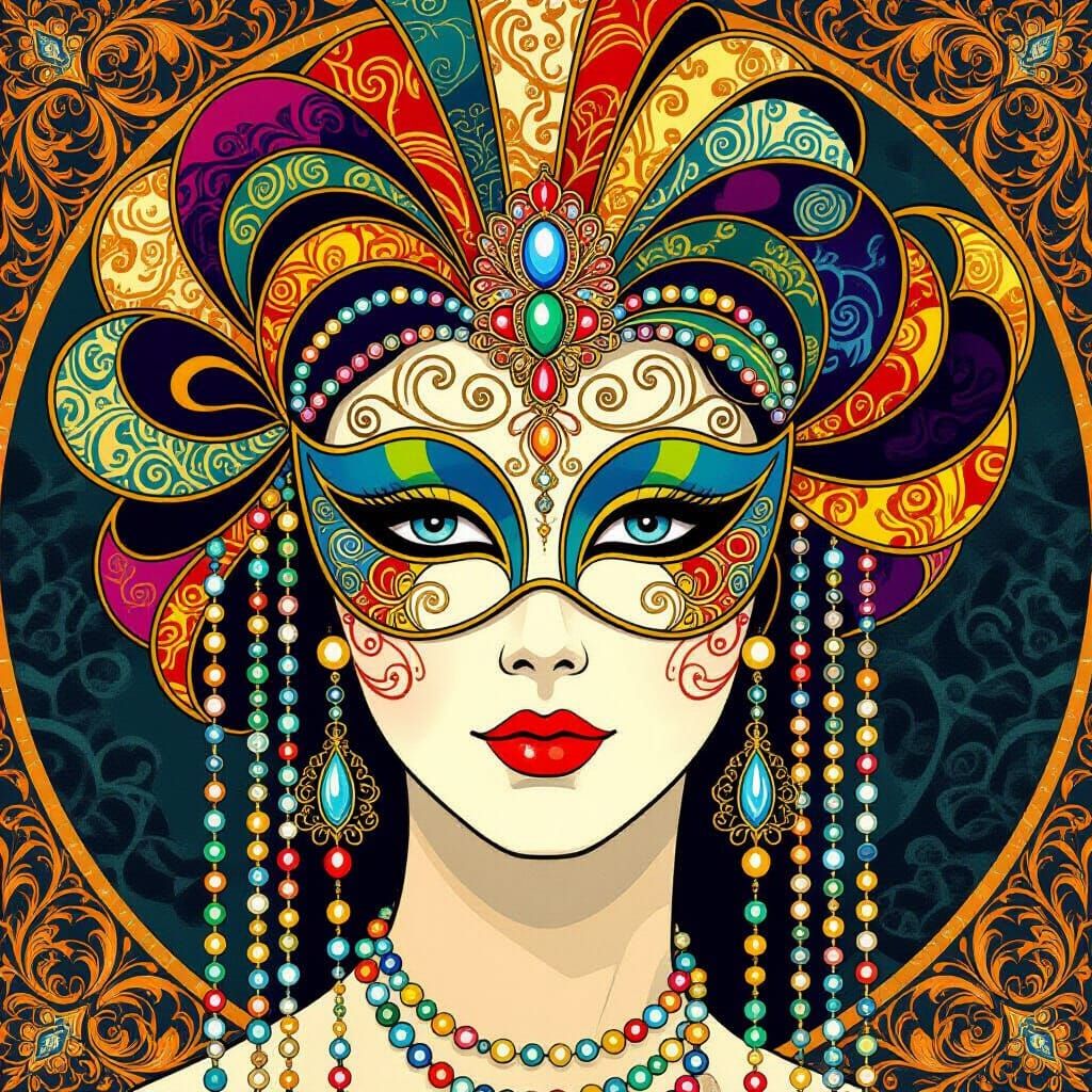 Ornate Mardi Gras Mask in Art Nouveau Pop Art Style