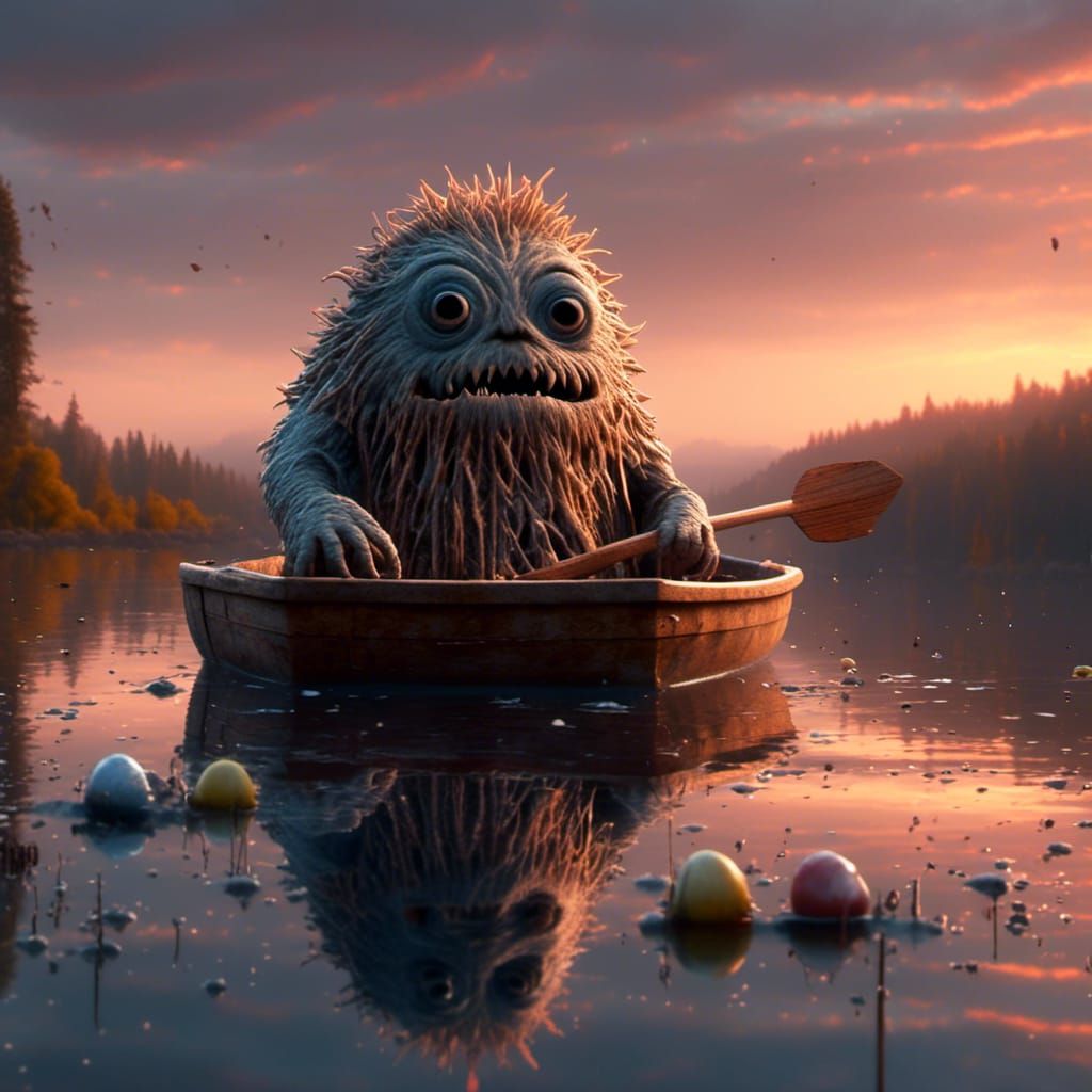 Lonely Trash Monster in Rowboat at Sunset