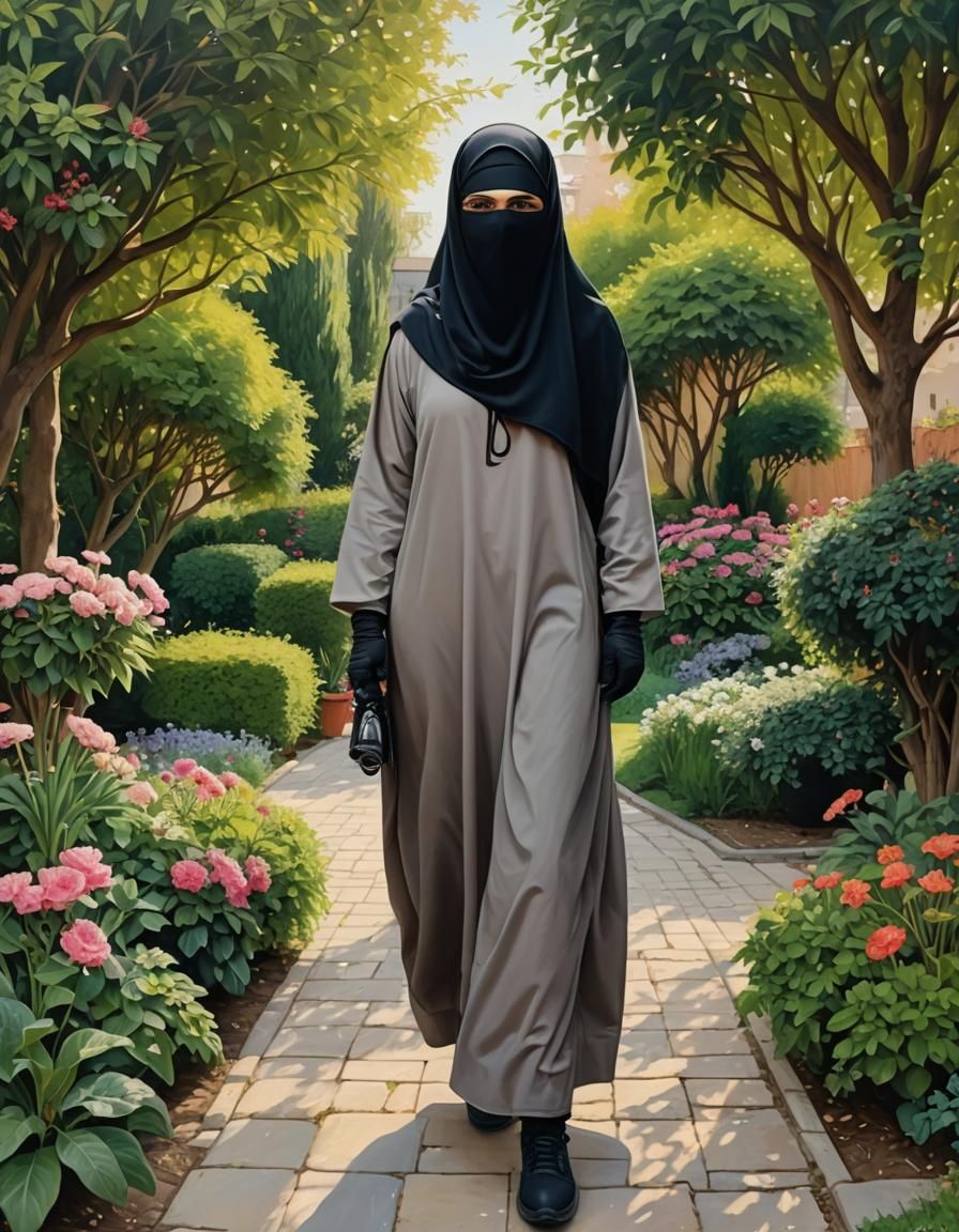 Niqabi Woman Exploring a Garden as Oil Painting