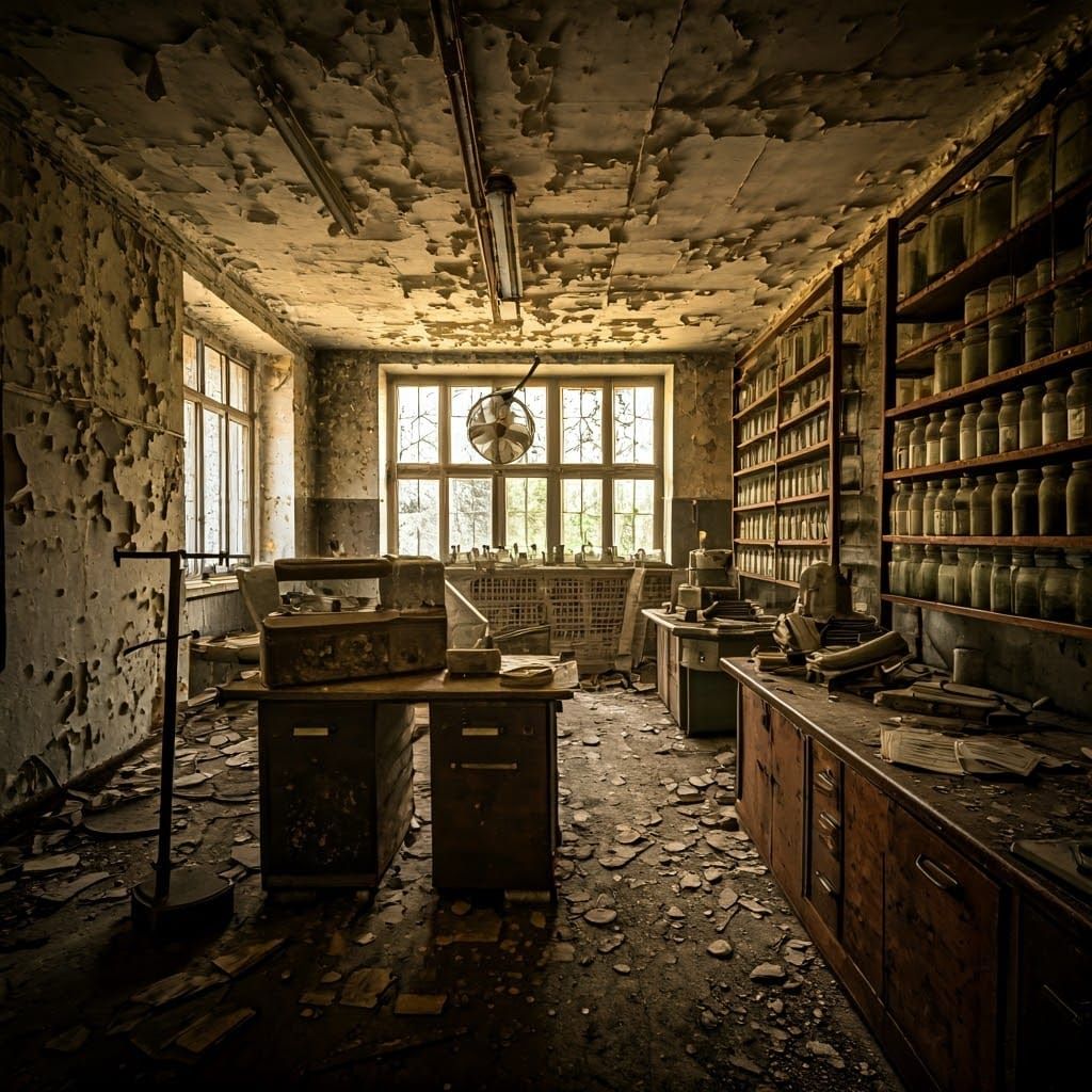 Abandoned Medical Warehouse in Gritty Photorealistic Style
