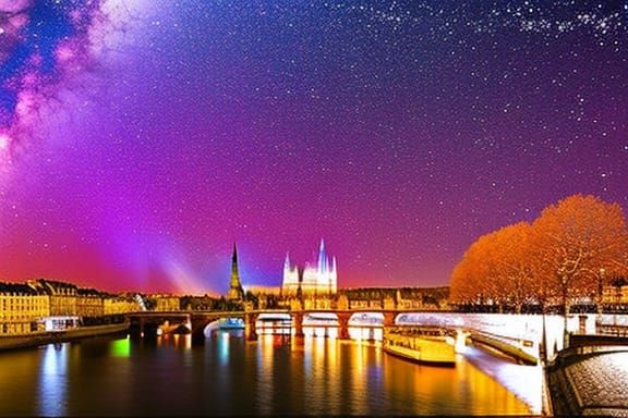 Parisian Winter Night: Galactic Fireworks and Aurora