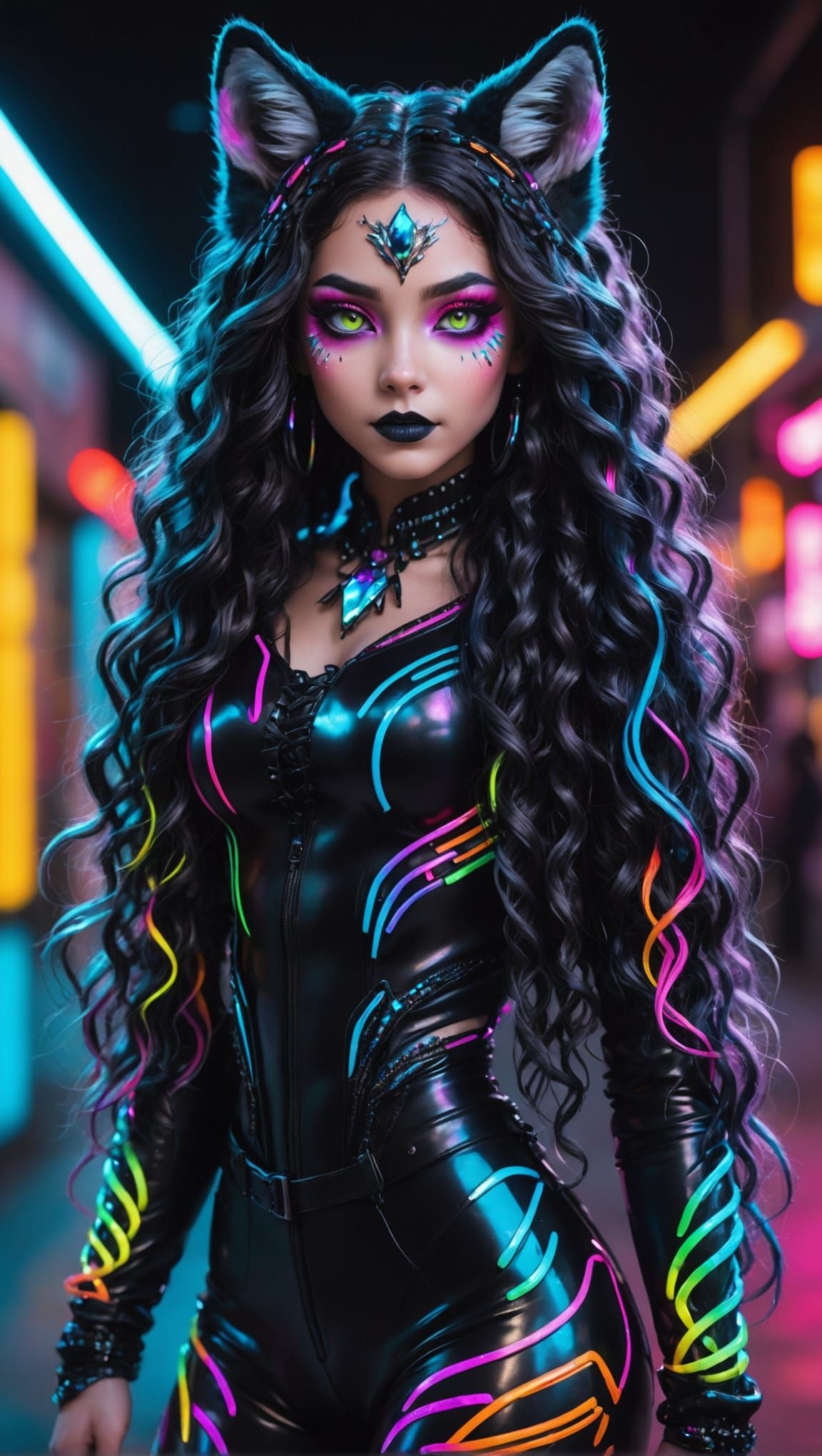 Realistic Neon Wolf-Cat Girl in a Dreamscape