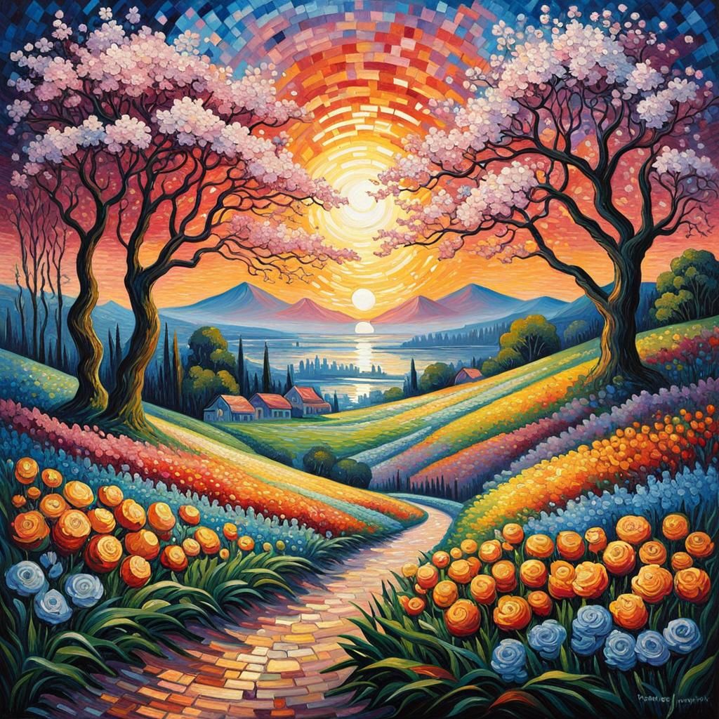 Floral Sunrise in Pointillist Style