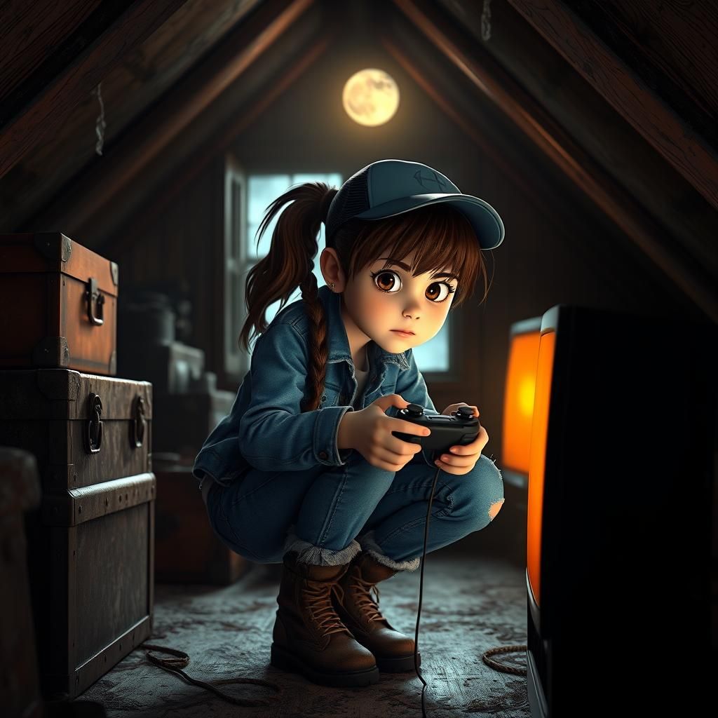 Girl Plays Video Game in Attic: Pixar-Inspired 3D Art