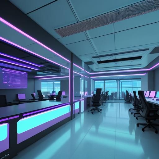 Futuristic Office Scene with Motivated Team in Neon Lighting