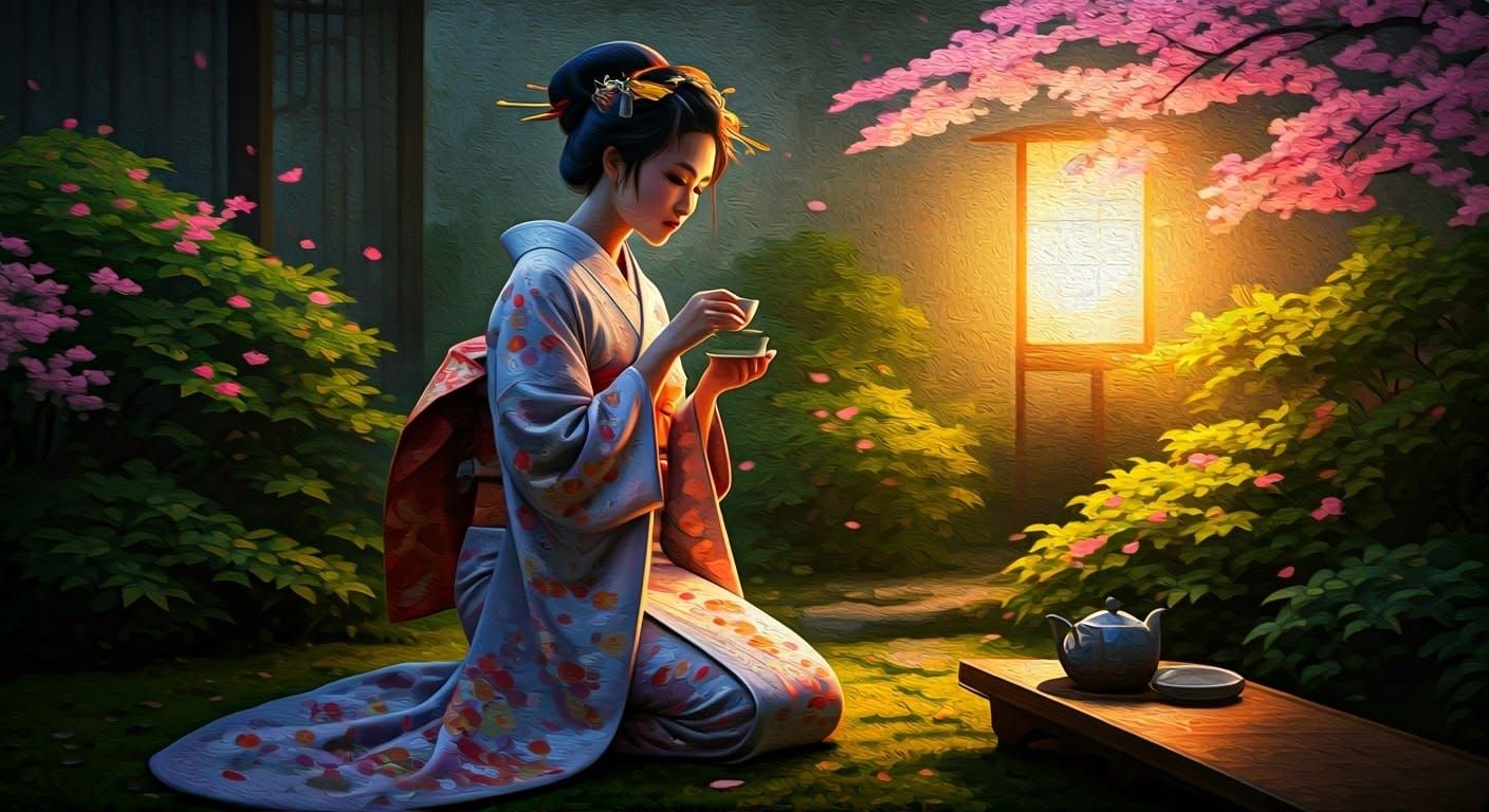 Japanese Lady Sipping Tea in Cherry Blossom Garden