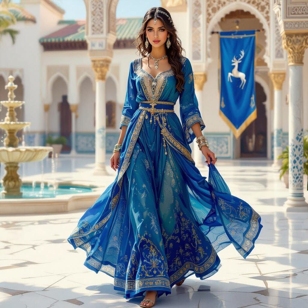 Elegant Arabic Woman in Jeweled Gown at Palace