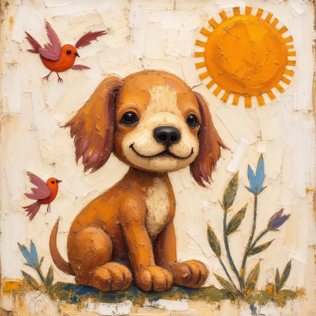 Whimsical Folk Art Puppy with Abstract Expressionism