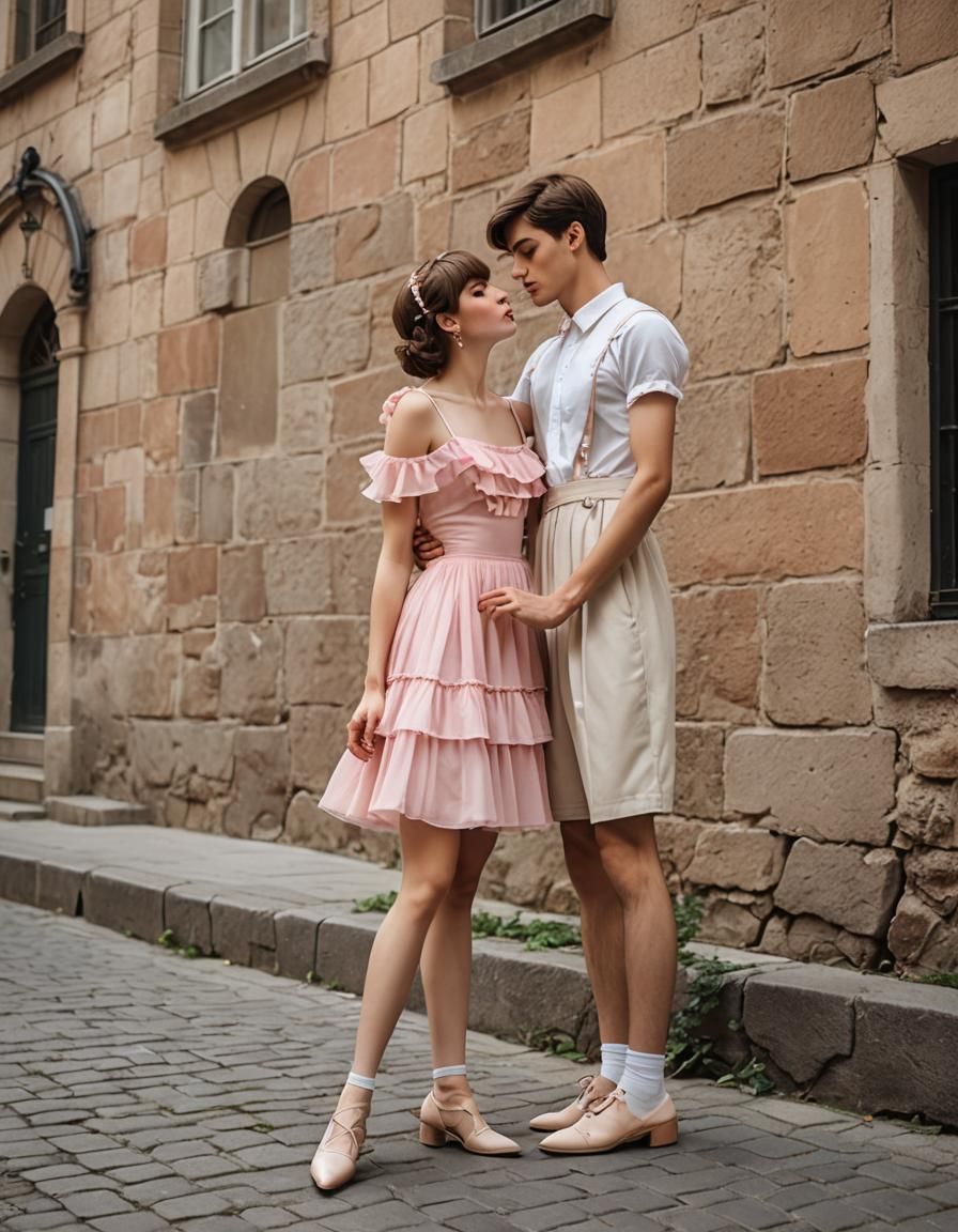 Tomboy Crossdressers Kissing in Old Town Photo