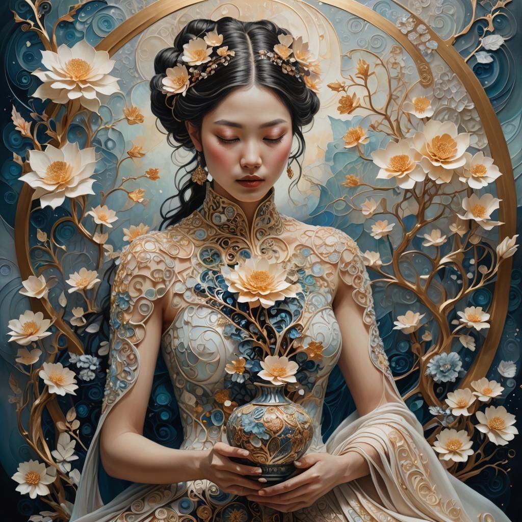 Surreal Woman with Fractal Patterns and Kintsugi Vase