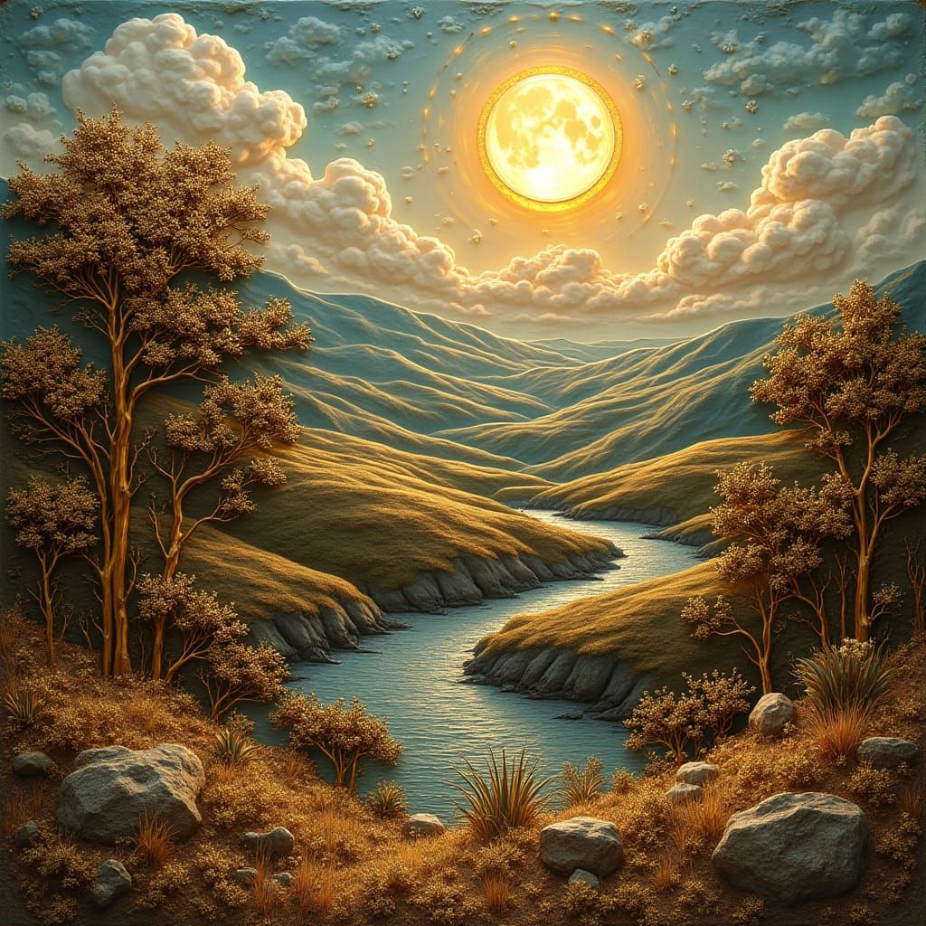 Luminous Brass Panel with Serene Landscape