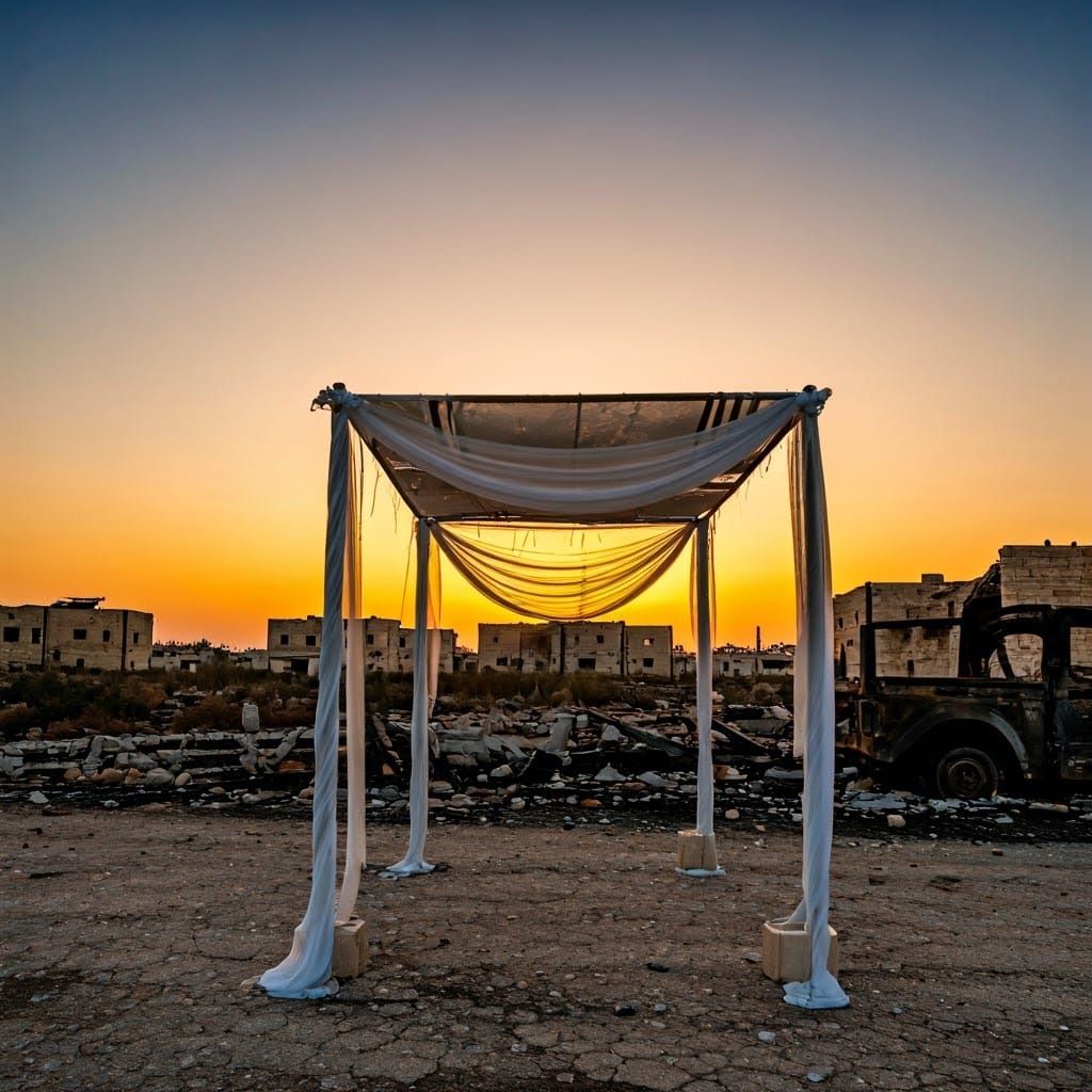A Decorated Chuppah Amidst War-Torn Ruins at Sunset