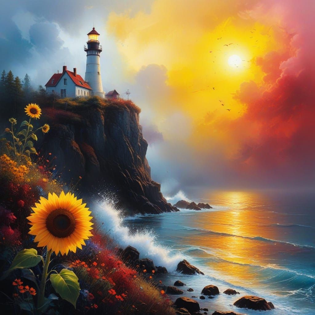 Ethereal Lighthouse in Burgundy Haze