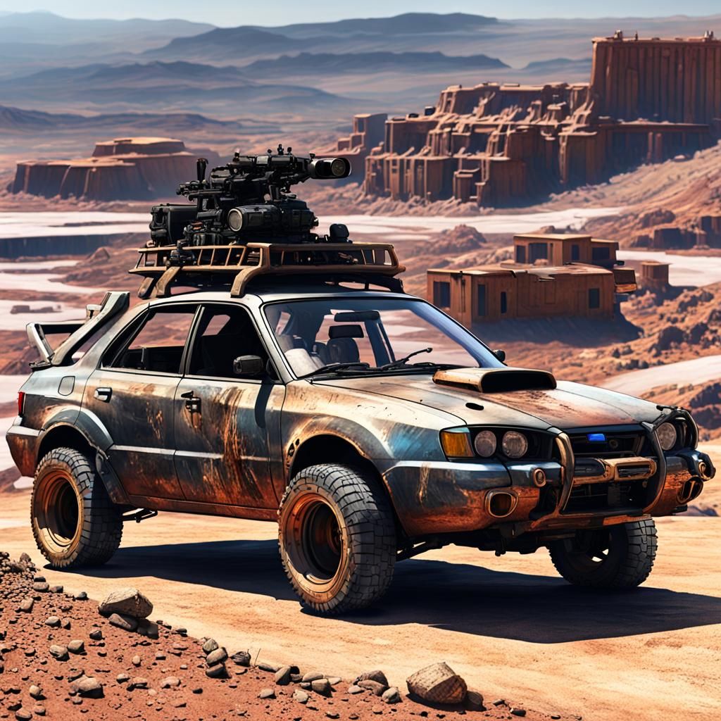 Dystopian Subaru Impreza Overlooking Abandoned City