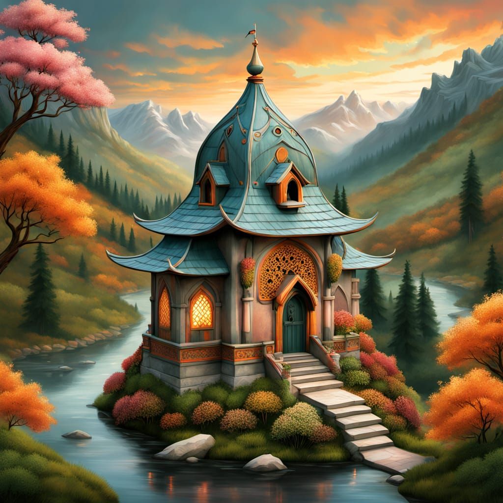 Gothic Castle Birdhouse in Fantasy Landscape