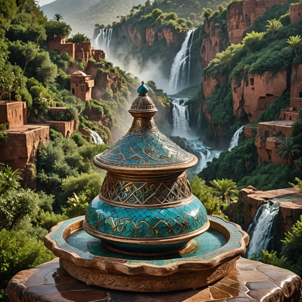 Moroccan Tajin at Ouzoud Cascade: Hyper-Realistic Digital Ar...