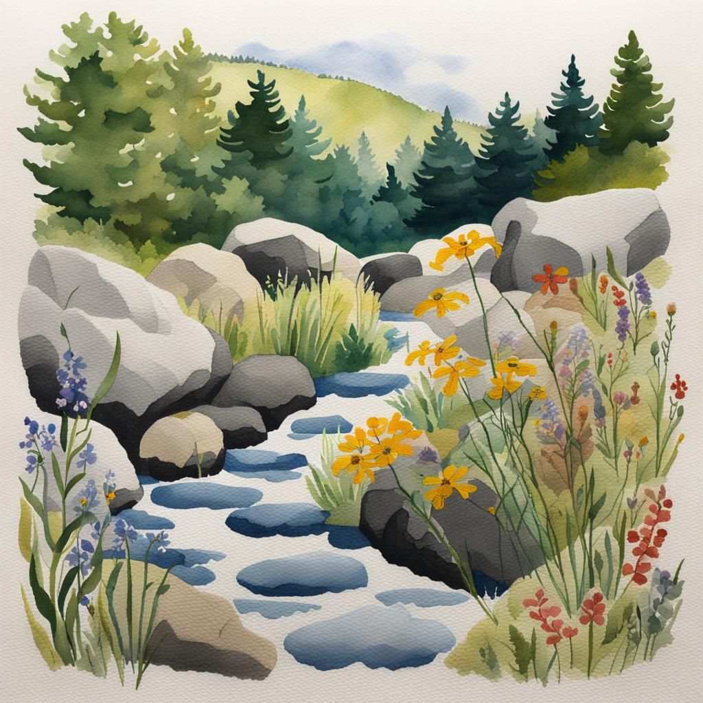 Watercolor Stream with Wildflowers in Cottagecore Style