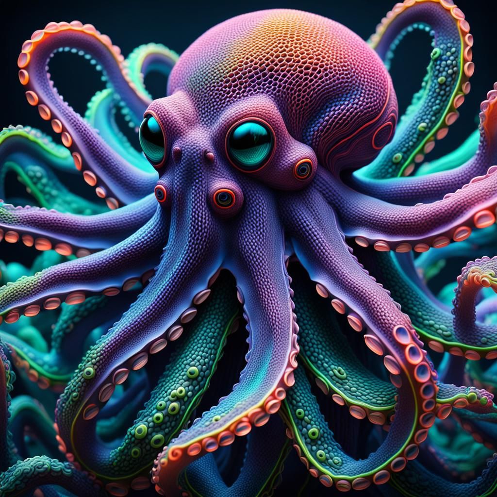 Neon Octopus Close-Up in Hyperdetailed 3D Mesh