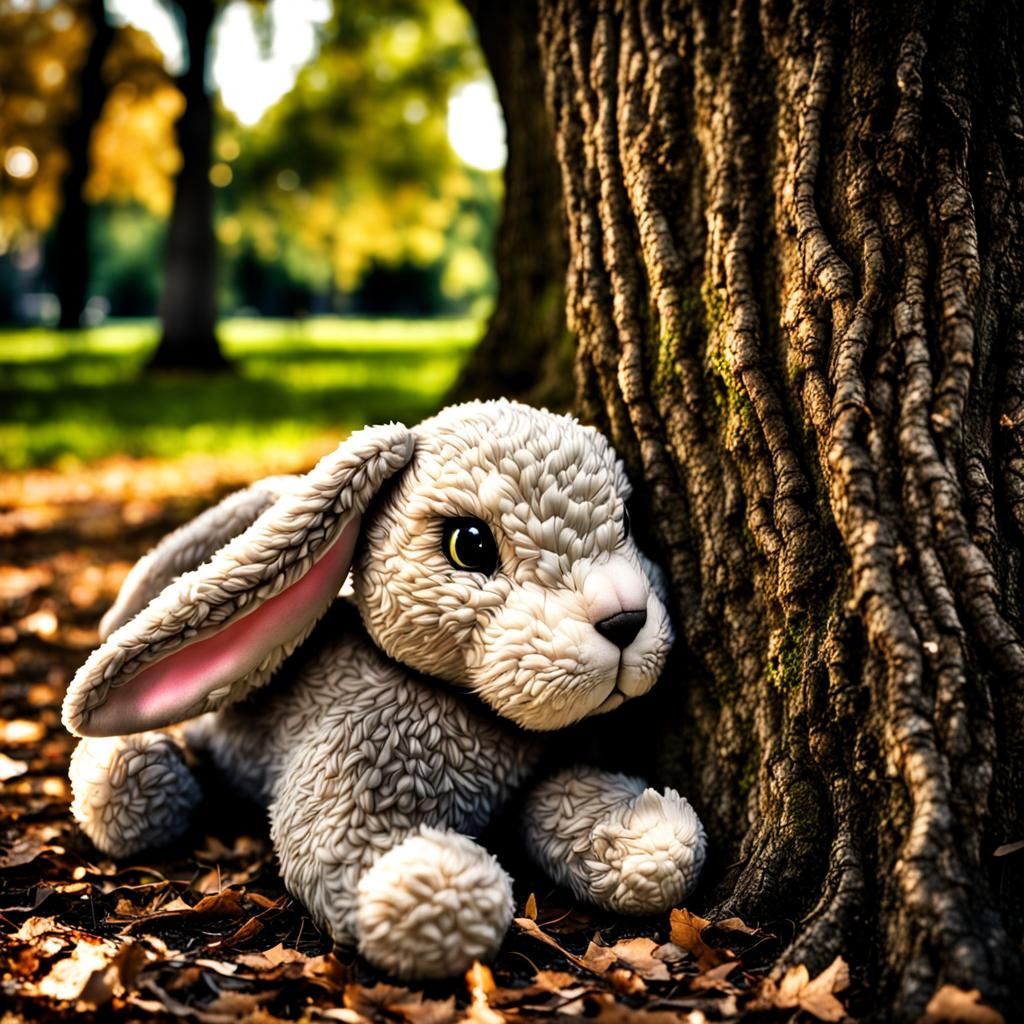 Well-Loved Toy Bunny Under a Tree