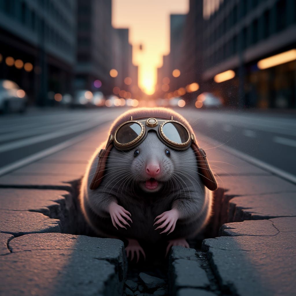 Joyful Mole Navigates Cityscape at Dusk