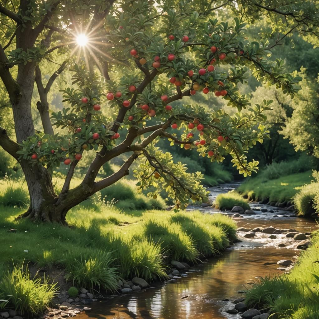 Flourishing Apple Tree Beside a Stream